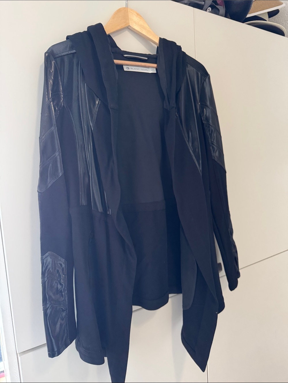 blanc noir Black Hooded Utility Jacket with Faux-Leather Panels
